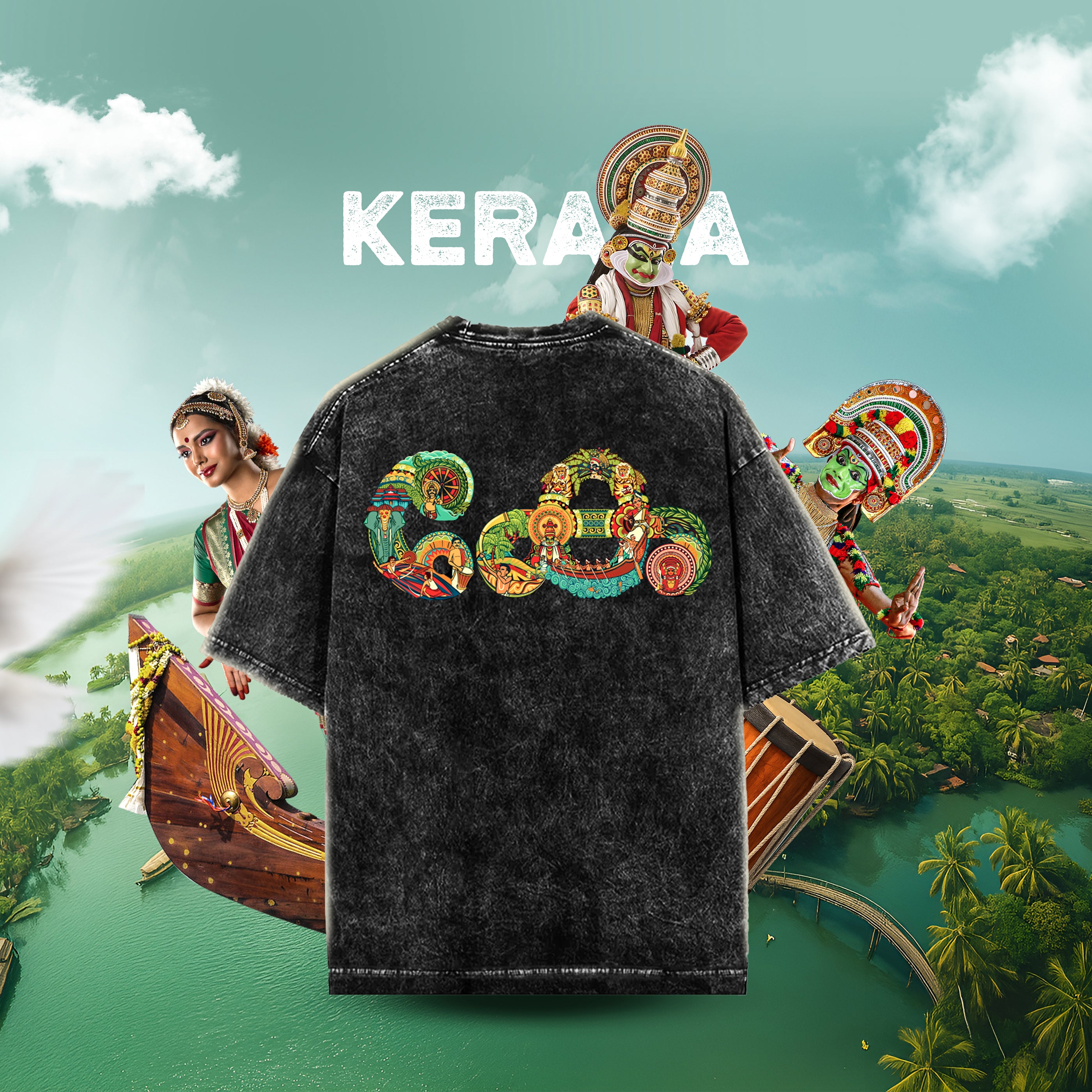 Kerala Text Acid Wash Oversized T-Shirt