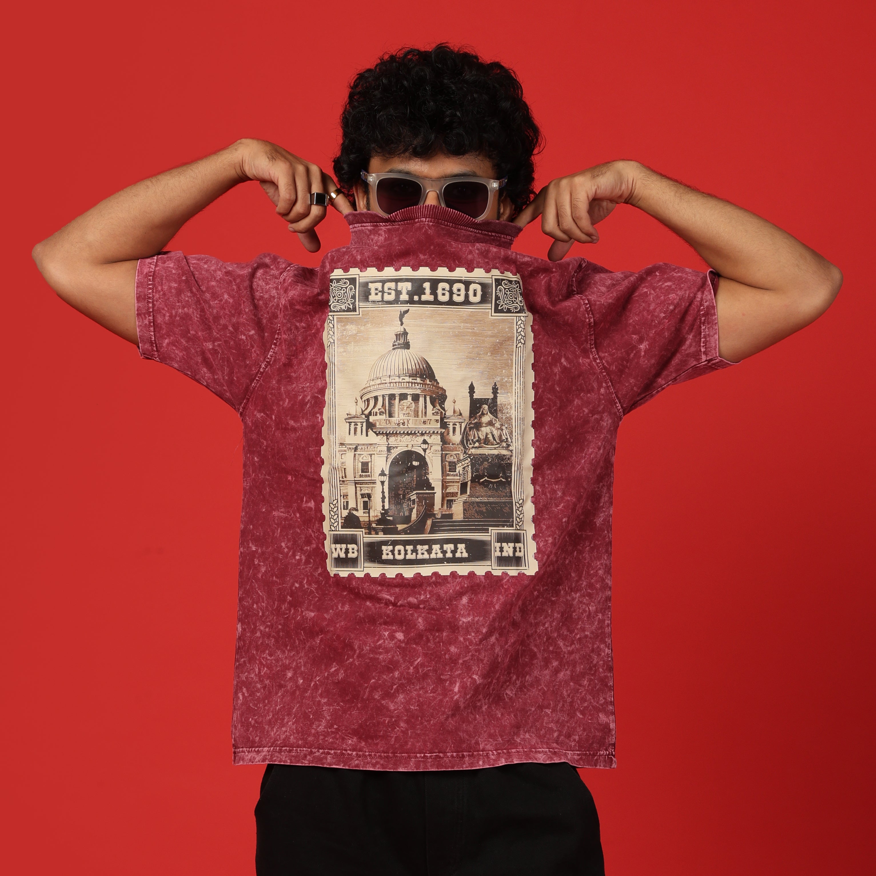 Kolkata Stamp Acid Wash Men's Oversized T-Shirt