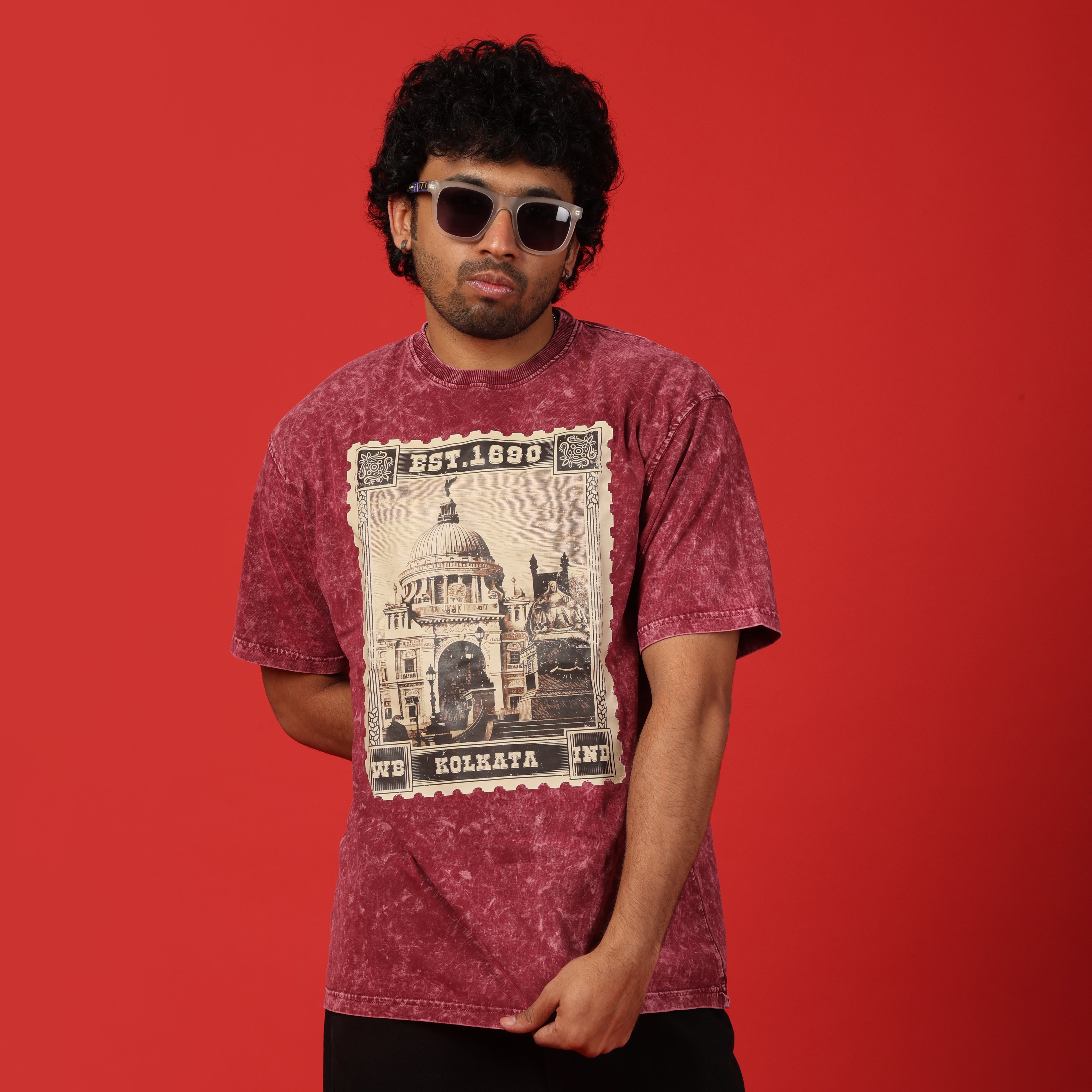 Kolkata Stamp Acid Wash Men's Oversized T-Shirt