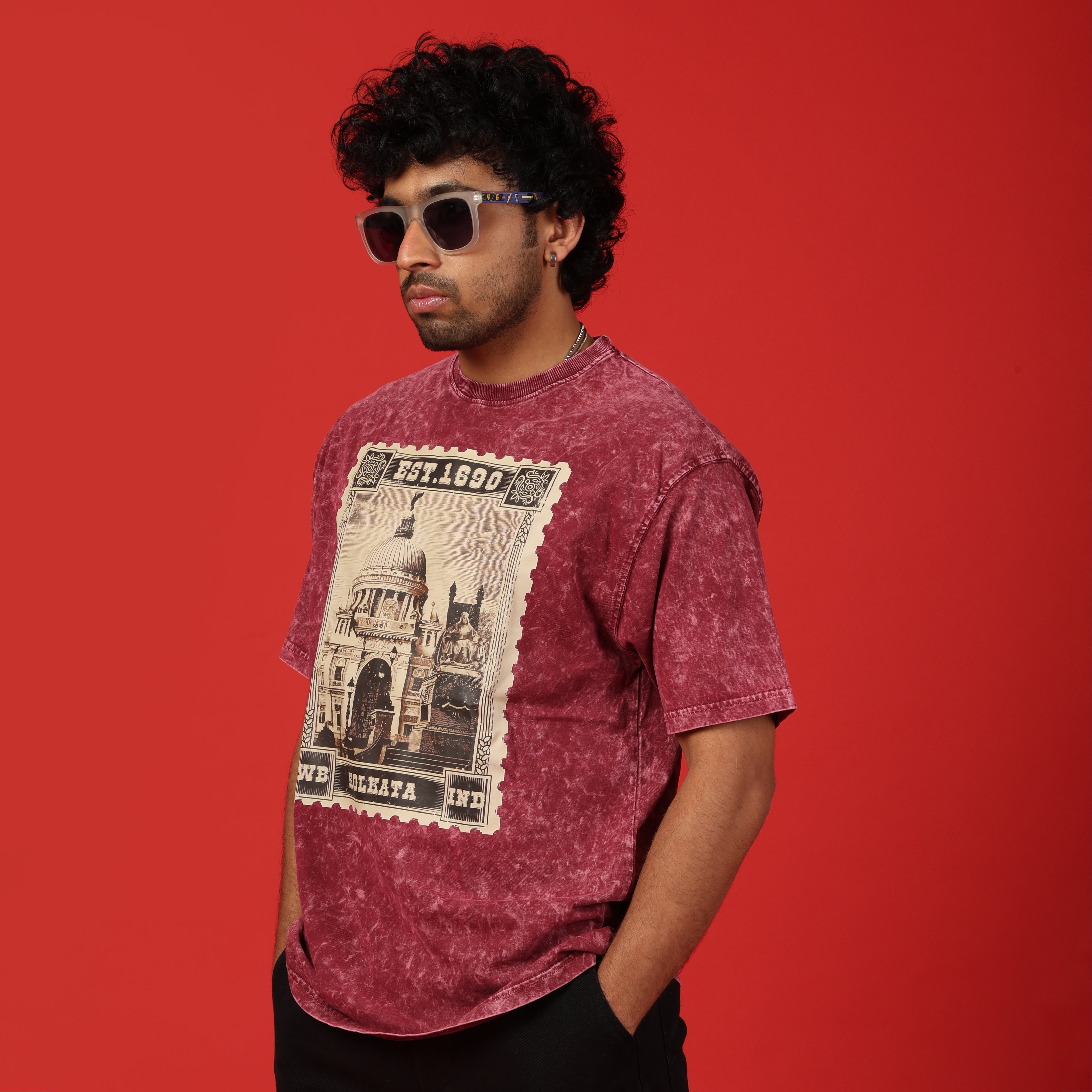 Kolkata Stamp Acid Wash Men's Oversized T-Shirt