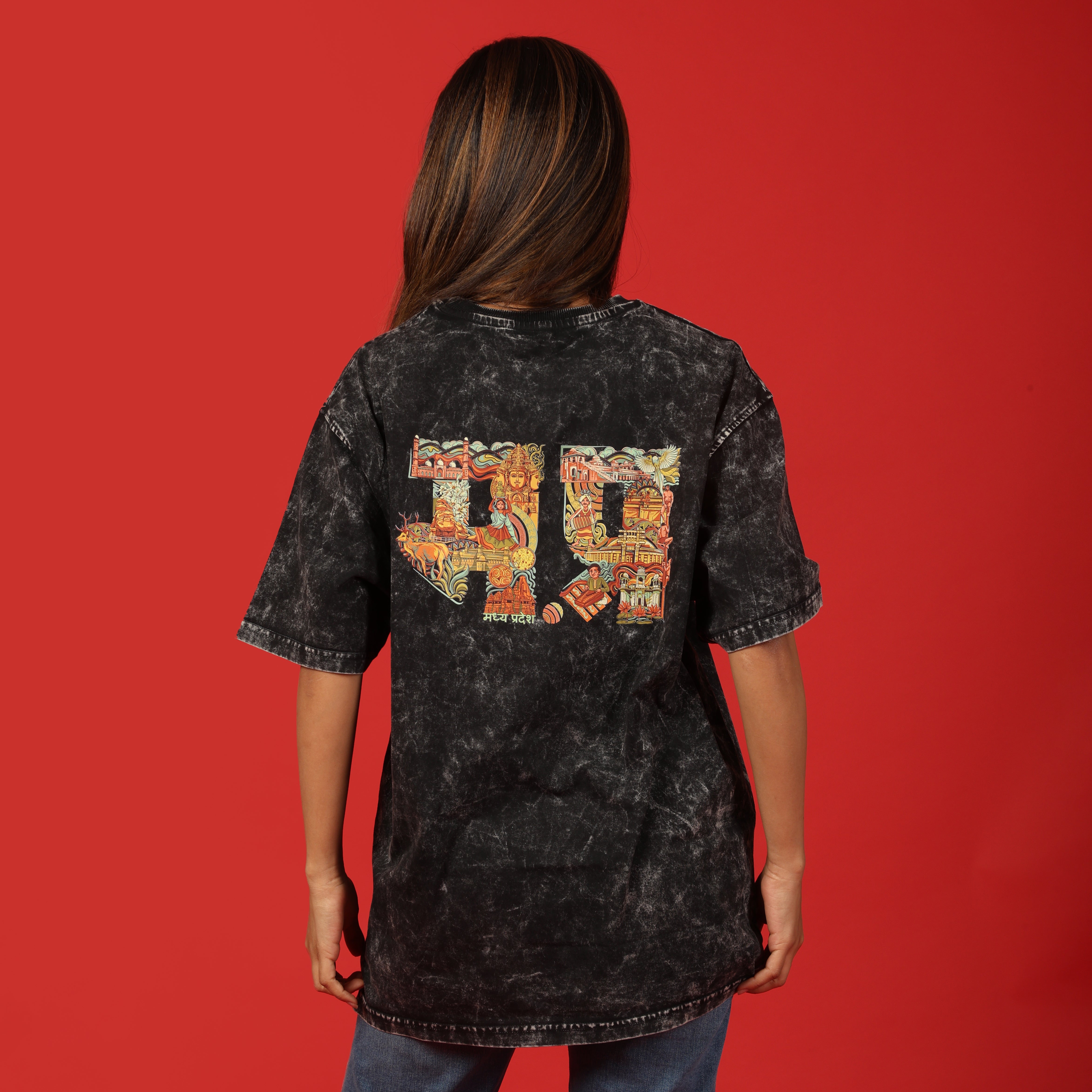 Madhya Pradesh Text Acid Wash Women's Oversized T-Shirt