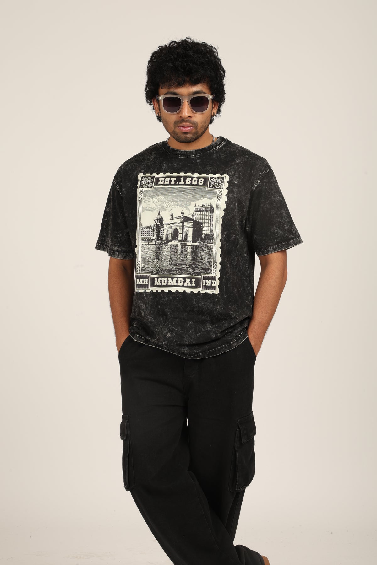 Mumbai Stamp  Acid Wash Oversized T-Shirt
