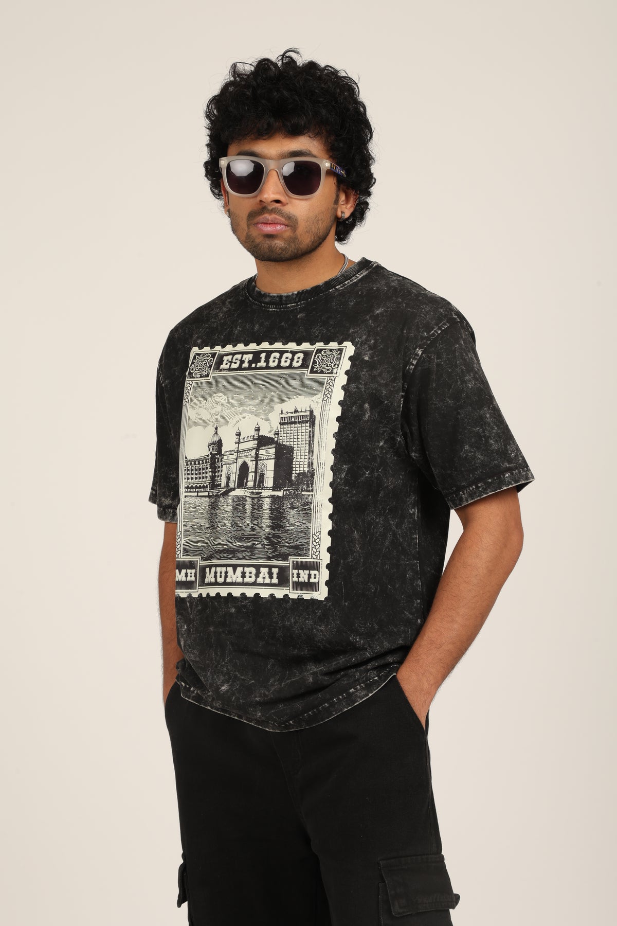 Mumbai Stamp  Acid Wash Oversized T-Shirt