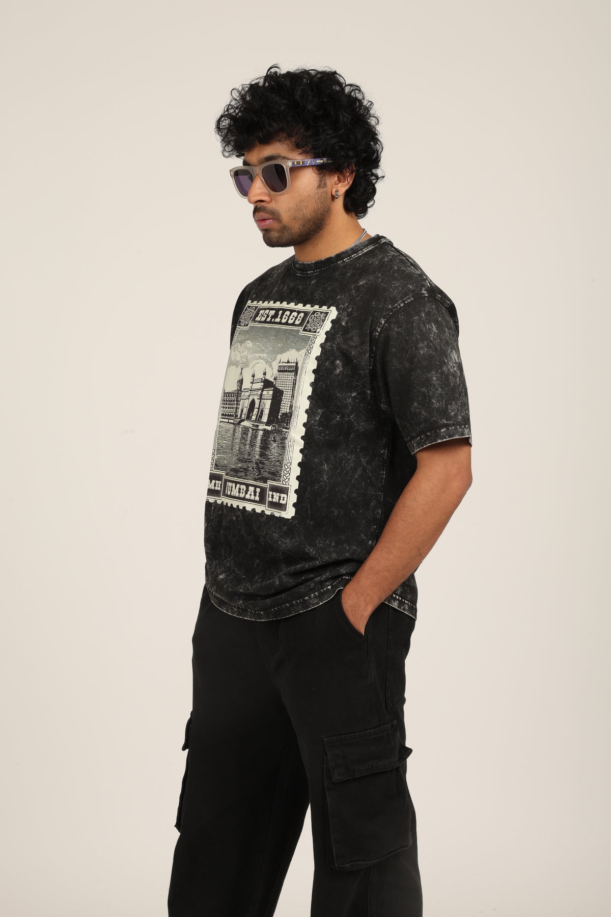 Mumbai Stamp  Acid Wash Oversized T-Shirt
