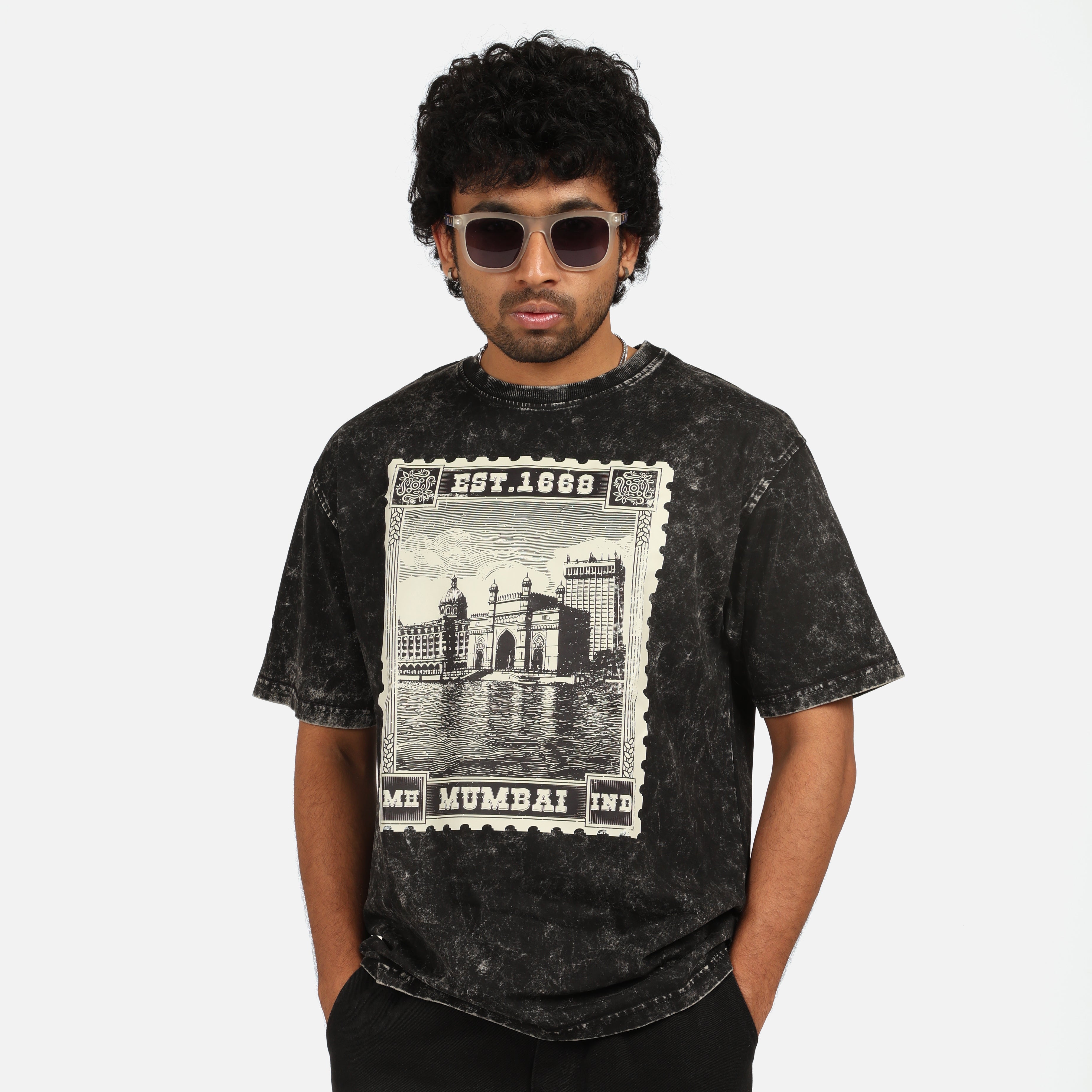 Mumbai Stamp  Acid Wash Oversized T-Shirt