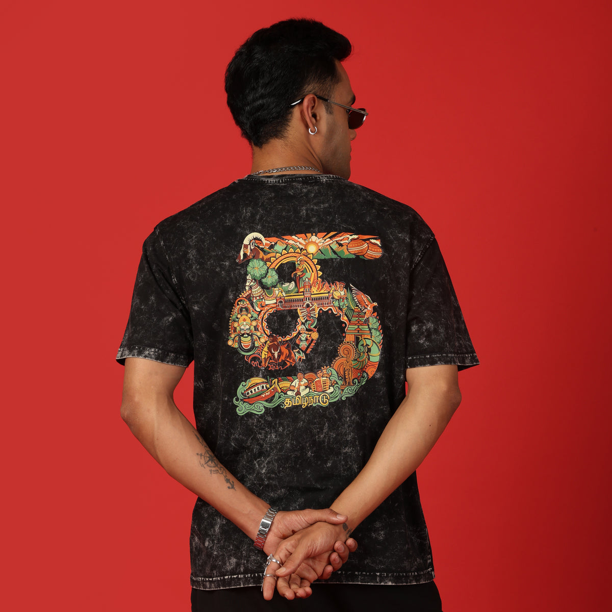 Tamil Nadu Text Acid Wash Oversized T-Shirt