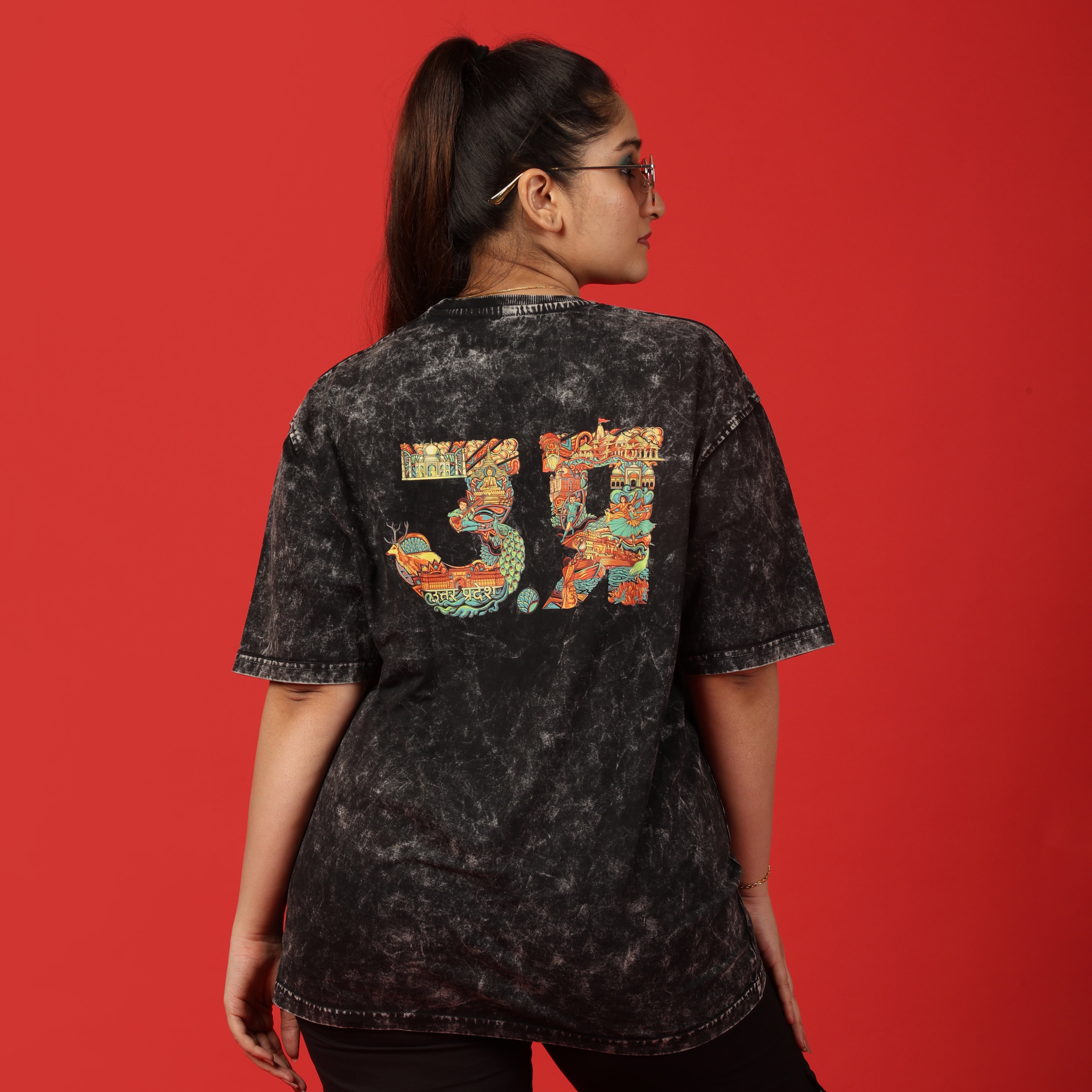 Uttar Pradesh Text Acid Wash Oversized T-Shirt